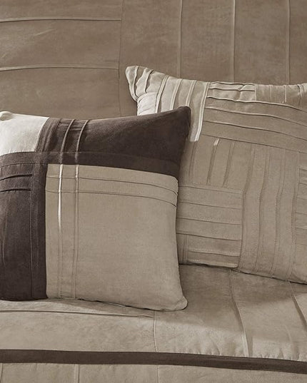 Madison Park Cozy Comforter Set Casual Blocks Design All Season, Matching Bed Skirt, Decorative Pillows, King (104 in x 92 in), Dune Beige/Brown, 7 Piece - LeafyLoom
