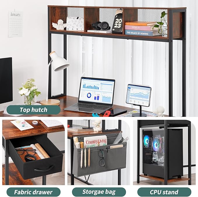Yoobure L Shaped Desk with LED Strip & Power Outlet, Reversible L-Shaped Computer Desk, Corner Desks Home Office Desk with Drawer, Gaming Desk - LeafyLoom