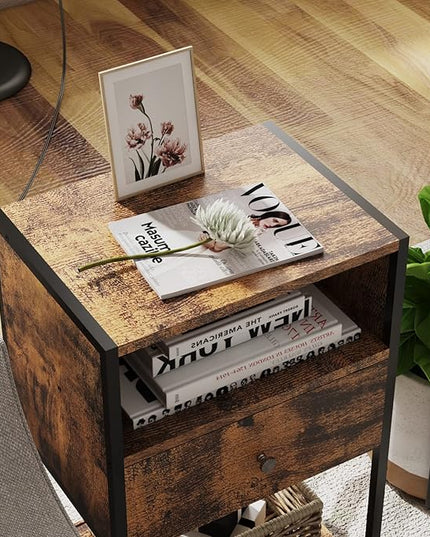LDTTCUK Nightstand with Charging Station, Modern End Table with Drawer, Bedside Table with Open Storage for Bedroom,Rustic Brown - LeafyLoom