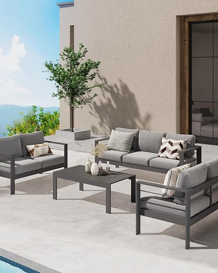 Wisteria Lane Aluminum Outdoor Patio Furniture Set, Modern Patio Conversation Sets, Outdoor Sectional Metal Sofa with 5 Inch Cushion and Coffee Table for Balcony, Garden, Dark Grey - LeafyLoom
