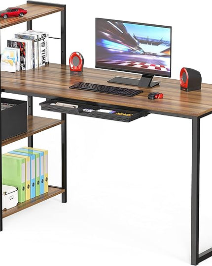 SHW 46-Inch Mission Desk with Side Shelf, 24" Deep, Walnut - LeafyLoom