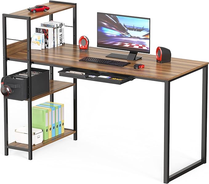 SHW 46-Inch Mission Desk with Side Shelf, 24" Deep, Walnut - LeafyLoom