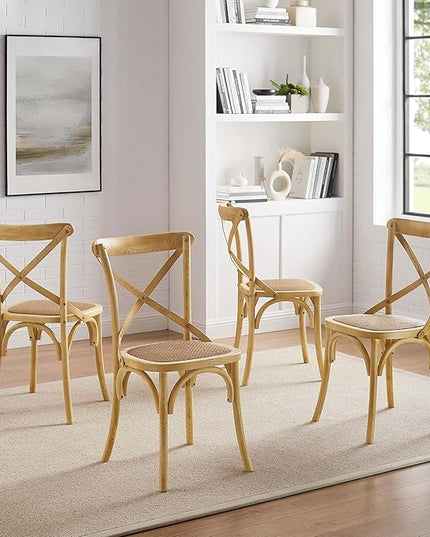 Modway Gear Rustic Modern Farmhouse Elm Wood Rattan Four Dining Chairs in Natural - LeafyLoom