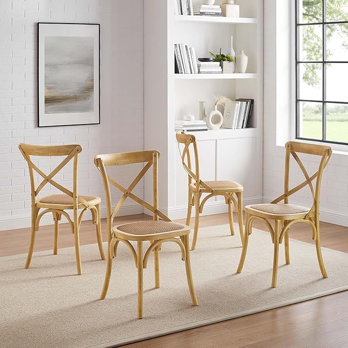 Modway Gear Rustic Modern Farmhouse Elm Wood Rattan Four Dining Chairs in Natural - LeafyLoom