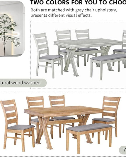 Merax (White Table Set with Unique Legs and 4 Upholstered Chairs & 1 Bench, 6-Piece L Rectangular - LeafyLoom