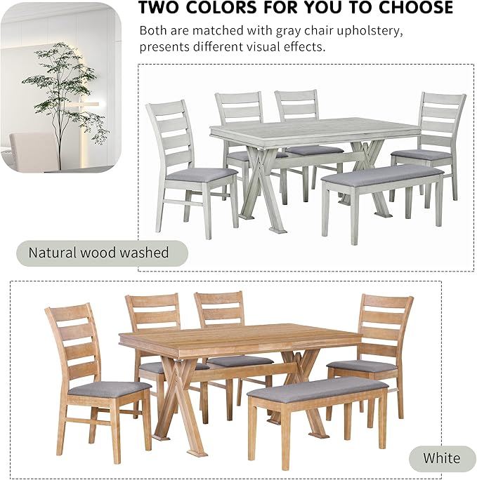 Merax (White Table Set with Unique Legs and 4 Upholstered Chairs & 1 Bench, 6-Piece L Rectangular - LeafyLoom