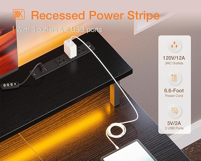 ODK 63 inch Computer Desk with Power Outlets & LED Lights, Gaming Desk with Monitor Stand & Storage Sheves, Home Office Desk, Black - LeafyLoom