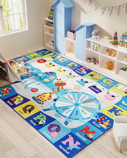 Kids Playroom Rug 4x6 Blue Rugs for Boys Girls Bedroom Child Play Mat Educational and Fun Baby Care Rugs,Learning Rug with ABC Alphabets Animals Shapes No-Slip Carpets for Children Toddler Washable - LeafyLoom