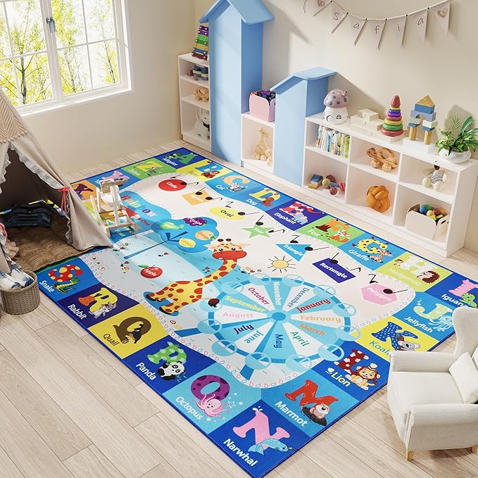 Kids Playroom Rug 4x6 Blue Rugs for Boys Girls Bedroom Child Play Mat Educational and Fun Baby Care Rugs,Learning Rug with ABC Alphabets Animals Shapes No-Slip Carpets for Children Toddler Washable - LeafyLoom