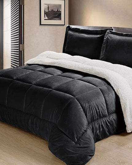Cathay Home Twin Comforter Set: Ultra Soft and Plush Reversible Micromink and Sherpa 2-Piece Bedding Set, Black, Twin (66" x 86") - LeafyLoom