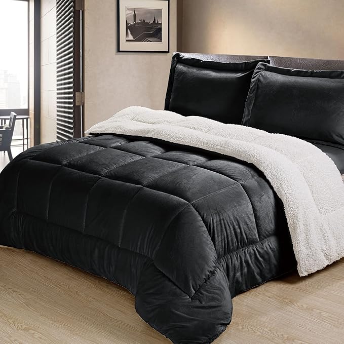 Cathay Home Twin Comforter Set: Ultra Soft and Plush Reversible Micromink and Sherpa 2-Piece Bedding Set, Black, Twin (66" x 86") - LeafyLoom