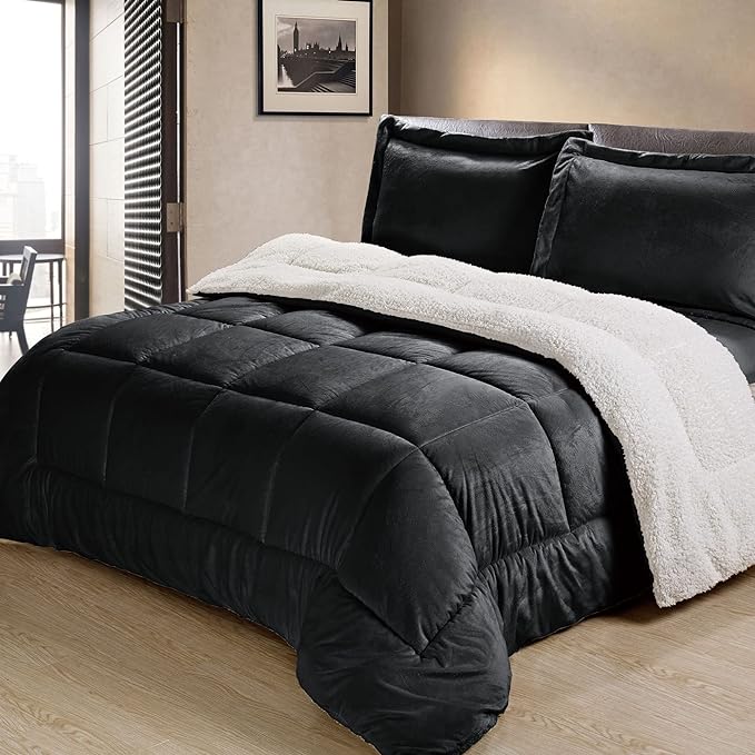 Cathay Home King Comforter Set: Ultra Soft and Plush Reversible Micromink and Sherpa 3-Piece Bedding Set, Black, King (102" x 90") - LeafyLoom