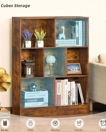 LEYAOYAO 7 Cube Bookshelf with Base,3 Tier Mid-Century Modern Brown Bookcase,Standing Wide Bookshelves Storage Organizer Shelf,Rustic Wood Display Cabinet Book Shelves for Bedroom,Living Room,Office - LeafyLoom