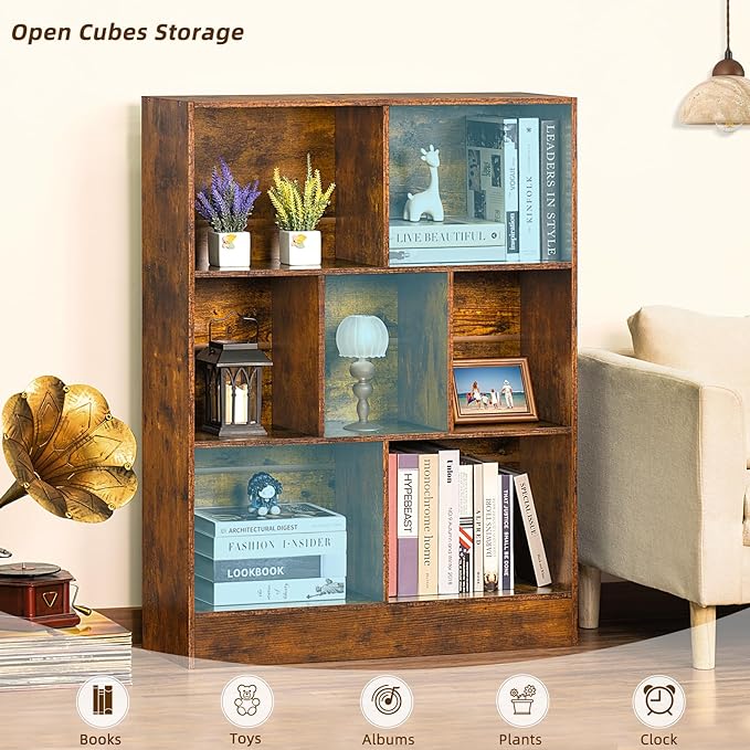 LEYAOYAO 7 Cube Bookshelf with Base,3 Tier Mid-Century Modern Brown Bookcase,Standing Wide Bookshelves Storage Organizer Shelf,Rustic Wood Display Cabinet Book Shelves for Bedroom,Living Room,Office - LeafyLoom