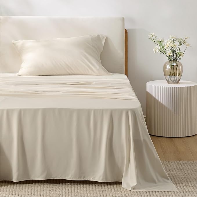 Bedsure Twin XL Sheet Set Dorm Bedding, Cooling Sheets Twin Extra Long Sheets, Rayon Derived from Bamboo, Deep Pocket Up to 16", Hotel Luxury Silky Bedding Sheets & Pillowcases, Light Beige - LeafyLoom