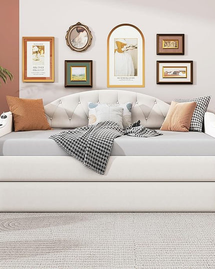 Twin Size Velvet Tufted Upholstered Daybed with Trundle, Modern Solid Wood Sofa Bed w/USB & Type-C Charging Ports, for Bedroom Living Room, No Box-spring Needed, Beige - LeafyLoom