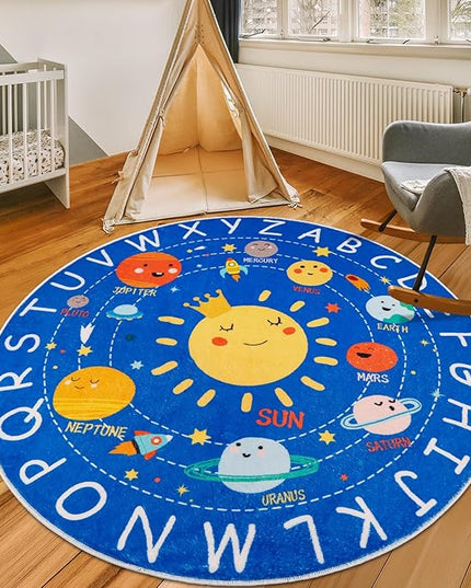 Round ABC Kids Rug,4 Ft Soft Circle Alphabet Playroom Rug,Washable Non-Slip Solar System Kids Play Rug,Space Educational Rug Kids Carpet for Classroom Playroom Bedroom Kids Room Decor - LeafyLoom