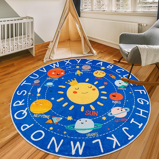 Round ABC Kids Rug,4 Ft Soft Circle Alphabet Playroom Rug,Washable Non-Slip Solar System Kids Play Rug,Space Educational Rug Kids Carpet for Classroom Playroom Bedroom Kids Room Decor - LeafyLoom