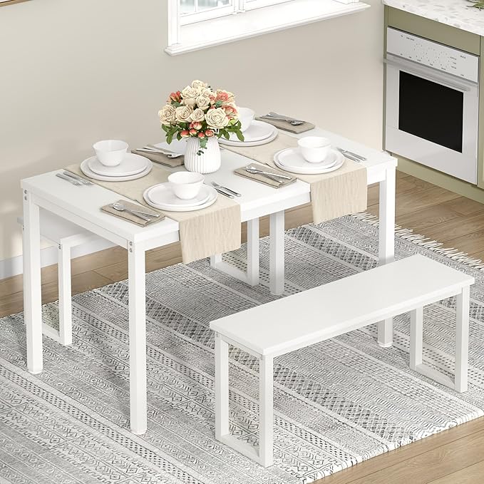 soges Kitchen Table Set with 2 Benches, White Dining Table Set for 4, 3 Piece Dining Room Table and Long Benches, Breakfast Table Coffee Table Set, Industrial Style Wooden Kitchen and Dining Room Set - LeafyLoom