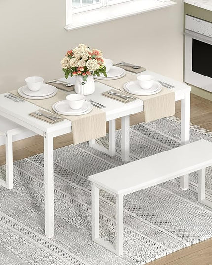 SDHYL Dining Table Set, 45in Dining Table Sets with 2 Benches, Dining Room Table Set for 3, Small Rectangular Wood Dining Table with 2 Bench Chairs/3 Piece Set for Home, Kitchen, Dining Room, White - LeafyLoom