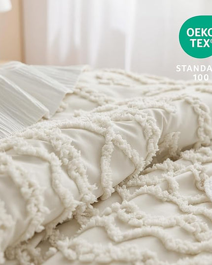 Bedsure Twin/Twin XL Comforter Set Dorm Bedding - Beige Boho Bedding Comforter Set, 2 Pieces Farmhouse Shabby Chic Embroidery Bed Set, Soft Jacquard Tufted Comforter for College - LeafyLoom