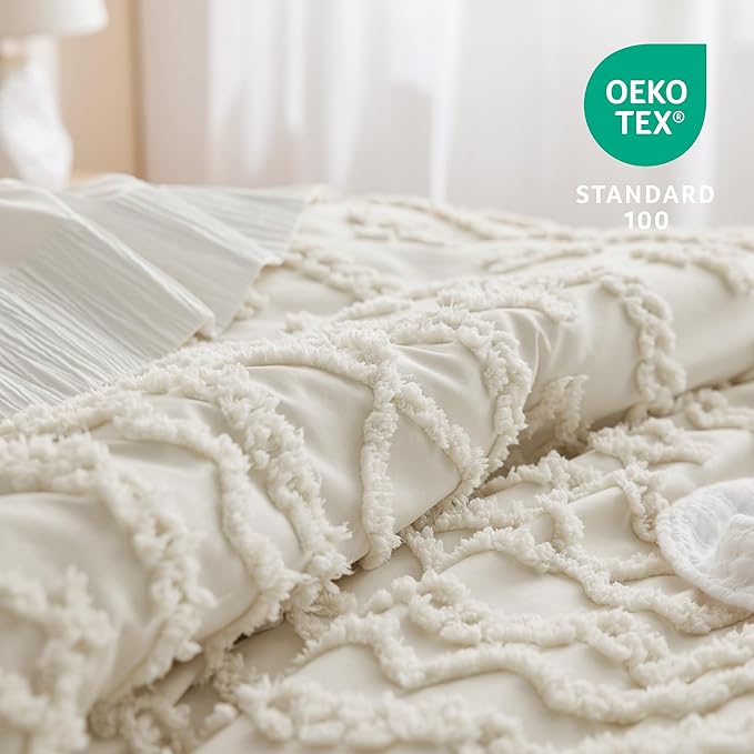 Bedsure Twin/Twin XL Comforter Set Dorm Bedding - Beige Boho Bedding Comforter Set, 2 Pieces Farmhouse Shabby Chic Embroidery Bed Set, Soft Jacquard Tufted Comforter for College - LeafyLoom