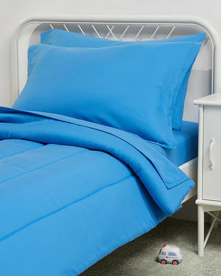Amazon Basics 5 Piece Microfiber Kid's Bed-in-a-Bag Bedding Set, Toddler, Blue, Solid - LeafyLoom