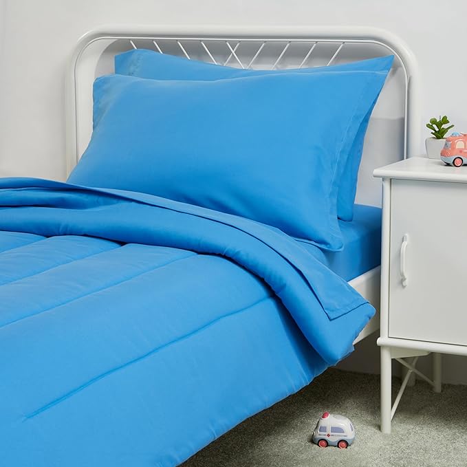 Amazon Basics 5 Piece Microfiber Kid's Bed-in-a-Bag Bedding Set, Toddler, Blue, Solid - LeafyLoom