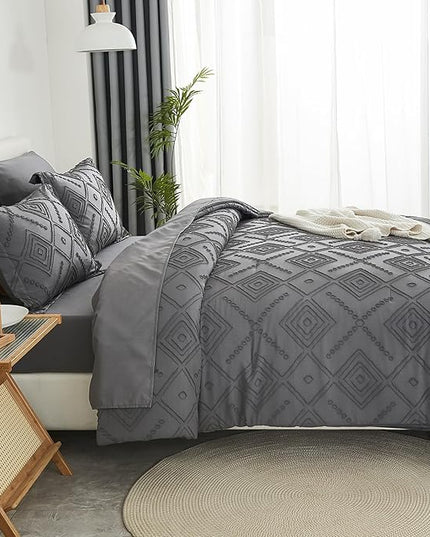EMME Queen Comforter Set - 7 Pcs Dark Grey Boho Bedding Sets, Full Size Tufted Comforter with Sheets, Shabby Chic Embroidery Queen Bed Set Fluffy Bed Bag for All Season(90"X90") - LeafyLoom
