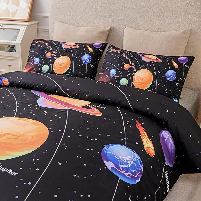 Solar System Comforter Set Twin Outer Space Room Decor Bedding Set 3 Pieces 1 Planets Theme Comforter and 2 Pillow Shams for Boys Kids Ultra-Soft Microfiber All Seasons for Bedroom Sofa - LeafyLoom