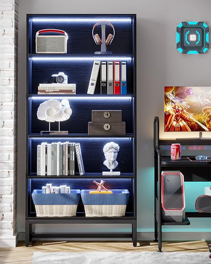 Tribesigns Tall Bookcase Black Bookshelf, 70.8” Large Bookcases Organizer with LED Lights, Heavy Duty Free-Standing Library Bookshelf with 5-Tier Storage Shelves for Living Room, Bedroom (Black) - LeafyLoom