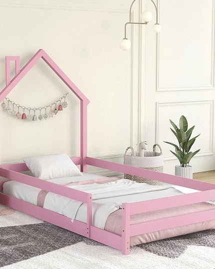 Bellemave Twin Size House-Shaped Headboard Floor Bed with Fences, Wooden Montessori Bed for Kids,House Bed Twin Frame for Girls,Boys (Pink) - LeafyLoom