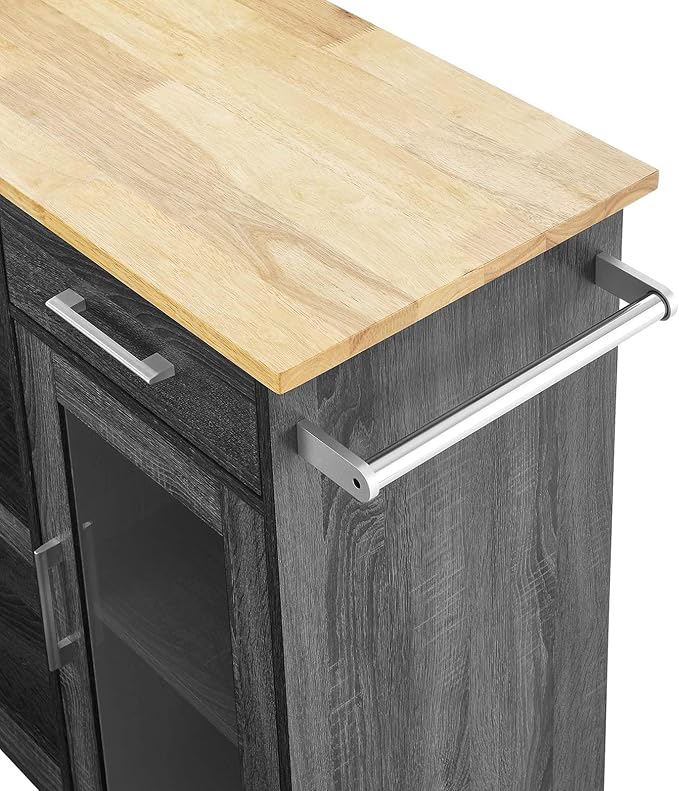 Modway Culinary Rolling Kitchen Cart with Storage in Charcoal Natural - 3 Tiers Kitchen Island on Wheels with Towel Bar, Functional as a Coffee Station, Bar Cabinet or Butcher Block Island - LeafyLoom