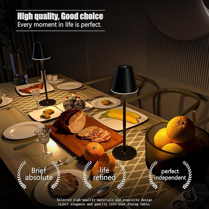Modern LED Cordless Table Lamp, 4000mAh Rechargeable Battery, 3 Level Brightness Night Light, Metal Shell, Minimalist Design, for Couples Dinner/Coffee Table/Restaurant/Bedroom, Black - LeafyLoom