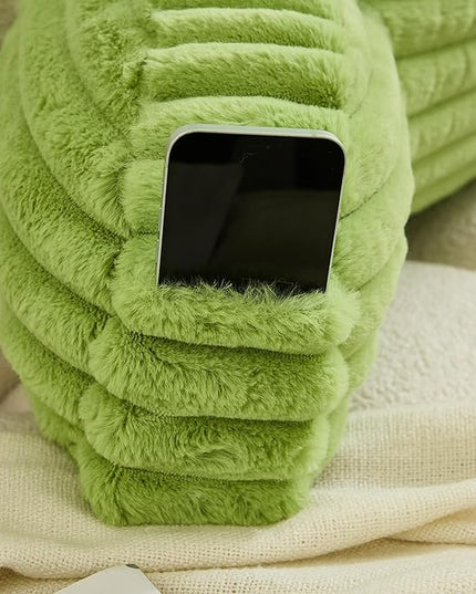 WERDIM Reading Pillow for Sitting in Bed, Faux Fur Back Pillow for Bed Rest, Bed Chair Pillow with Arms and Pockets(Large, Apple Green) - LeafyLoom