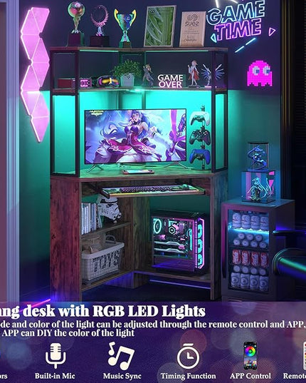 Cyclysio Small Corner Desk with Hutch, Heavy Duty Corner Computer Desk with Power Outlets & LED Light, Triangle Corner Gaming Desk with Keyboard Tray for Home Office, Small Space, Workstation Brown - LeafyLoom