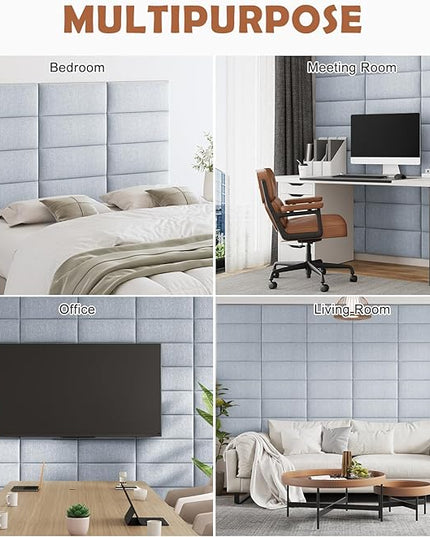 Upholstered Wall Mounted Headboard, 3D Soundproof Wall Panels Peel and Stick Headboard for King Size, Reusable and Removable Tufted Bed Headboard in Blue White(12 Panels, 10" x 24") - LeafyLoom