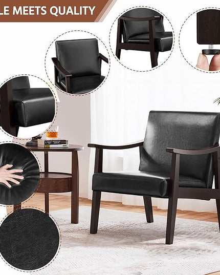 Yaheetech PU Leather Accent Chair, Mid-Century Modern Armchair with Solid Wood Legs, Reading Leisure Chair with High Back for Living Room Bedroom Waiting Room, Black - LeafyLoom