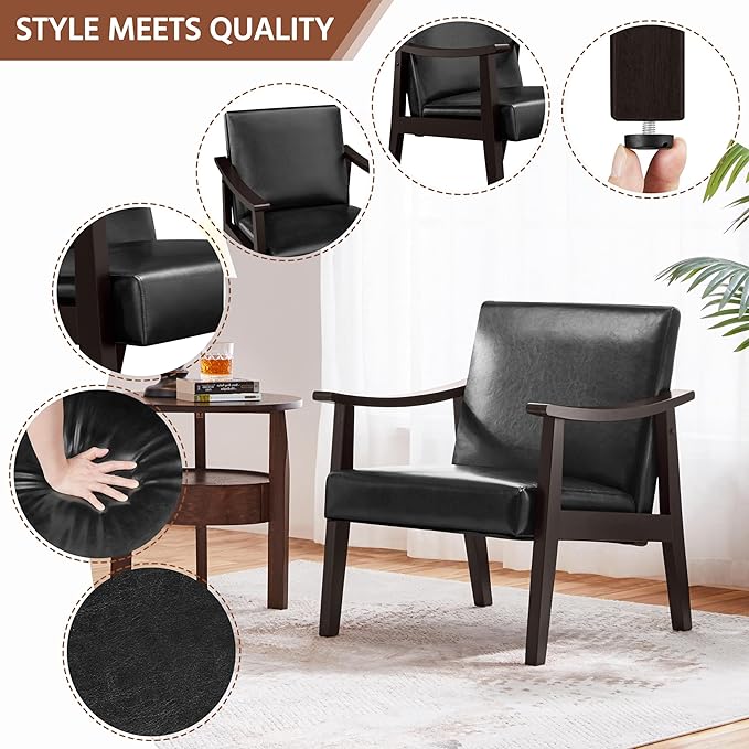 Yaheetech PU Leather Accent Chair, Mid-Century Modern Armchair with Solid Wood Legs, Reading Leisure Chair with High Back for Living Room Bedroom Waiting Room, Black - LeafyLoom