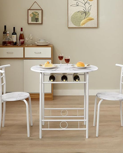 VECELO 3-Piece Dining Table Set for Kitchen Breakfast Nook, Faux Marbled Oval Tabletop and Metal Frame with Built-in Wine Rack, for Small Spaces, 31.5", White - LeafyLoom