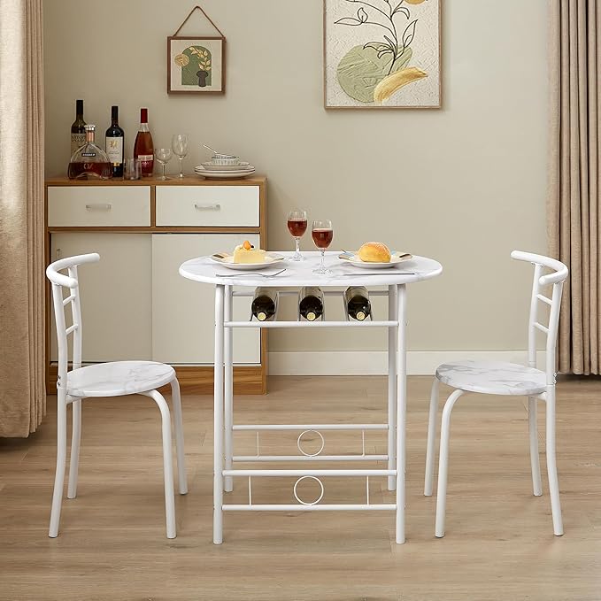 VECELO 3-Piece Dining Table Set for Kitchen Breakfast Nook, Faux Marbled Oval Tabletop and Metal Frame with Built-in Wine Rack, for Small Spaces, 31.5", White - LeafyLoom