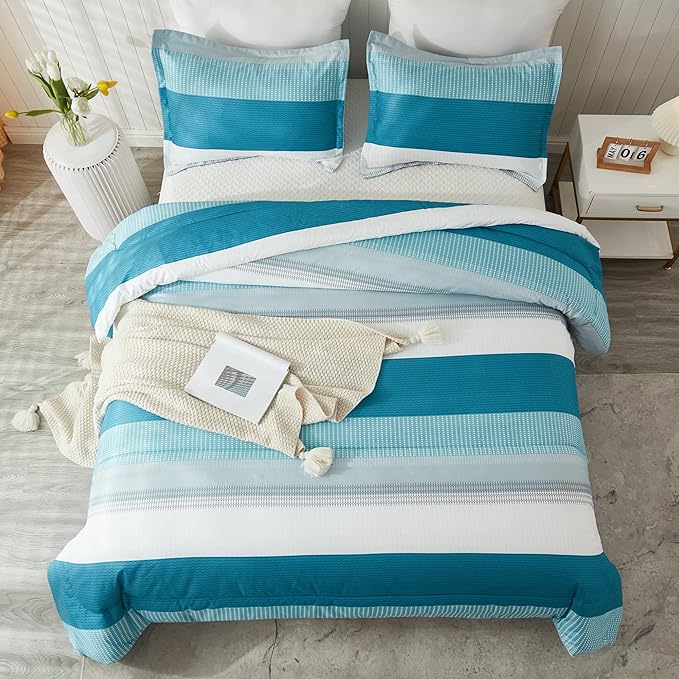 Litanika Queen Comforter Set White Teal - 3 Pieces Lightweight Fluffy Bedding Comforter Sets, All Season Down Alternative Comforter (1 Comforter, 2 Pillowcases) - LeafyLoom