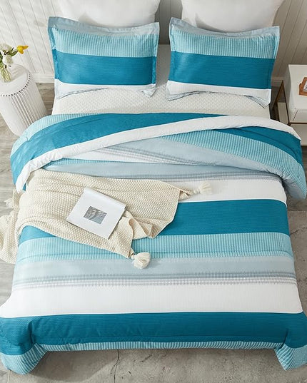 Litanika Full Comforter Set White Teal - 3 Pieces Lightweight Fluffy Bedding Comforter Sets, All Season Down Alternative Comforter (1 Comforter, 2 Pillowcases) - LeafyLoom