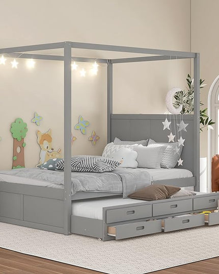 Queen Size Canopy Platform Bed with Twin Trundle and Three Storage Drawers, Wooden Daybed Frame Beds for Kids Teens Boys Girls,Gray - LeafyLoom