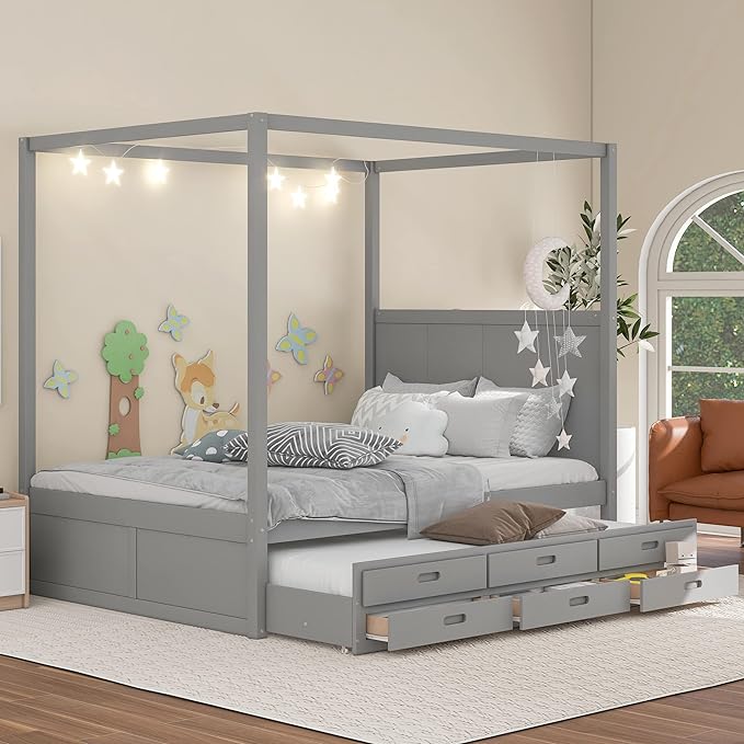 Queen Size Canopy Platform Bed with Twin Trundle and Three Storage Drawers, Wooden Daybed Frame Beds for Kids Teens Boys Girls,Gray - LeafyLoom