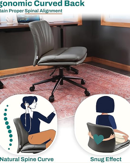 Criss Cross Chair with Wheels - Cross Legged Office Chair, Wide Armless Desk Chair Comfy Swivel Vanity Chair for Home Office, PU Leather - Grey - LeafyLoom