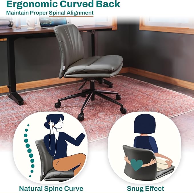 Criss Cross Chair with Wheels - Cross Legged Office Chair, Wide Armless Desk Chair Comfy Swivel Vanity Chair for Home Office, PU Leather - Grey - LeafyLoom