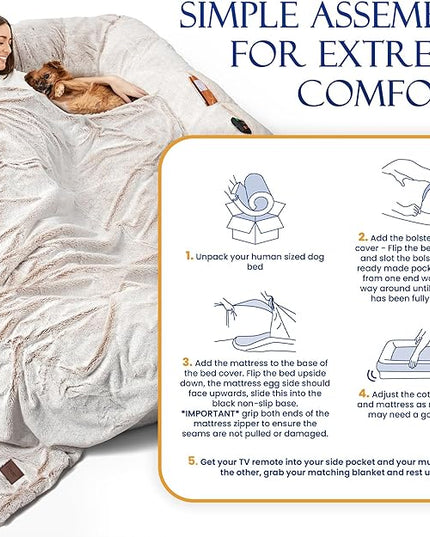 Human Dog Bed for Adult - Giant Dog Bed for Humans – Fluffy with Washable Cover, Nonslip, Waterproof Lining, Storage Pockets, Soft blanket – Ideal for Adults and Kids, Sized to Fit Small to Large Pets LeafyLoom