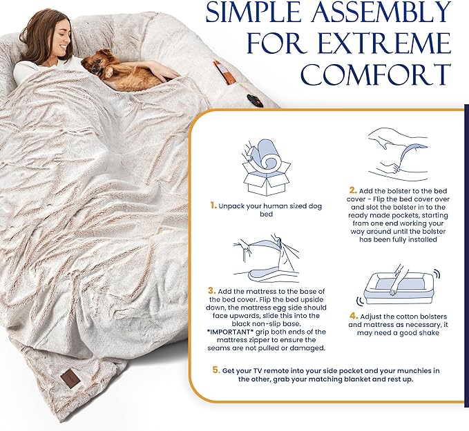 Human Dog Bed for Adult - Giant Dog Bed for Humans – Fluffy with Washable Cover, Nonslip, Waterproof Lining, Storage Pockets, Soft blanket – Ideal for Adults and Kids, Sized to Fit Small to Large Pets LeafyLoom
