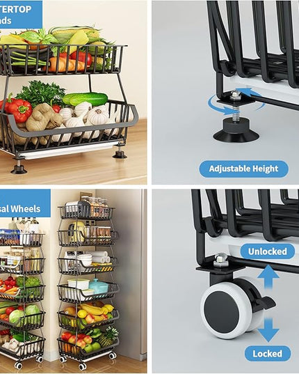 Wisdom Star 5 Tier, Kitchen Fruit Vegetable Storage Cart, Vegetable Basket Bins for Onions and Potatoes, Wire Storage Organizer Utility Cart with Wheels, Black - LeafyLoom